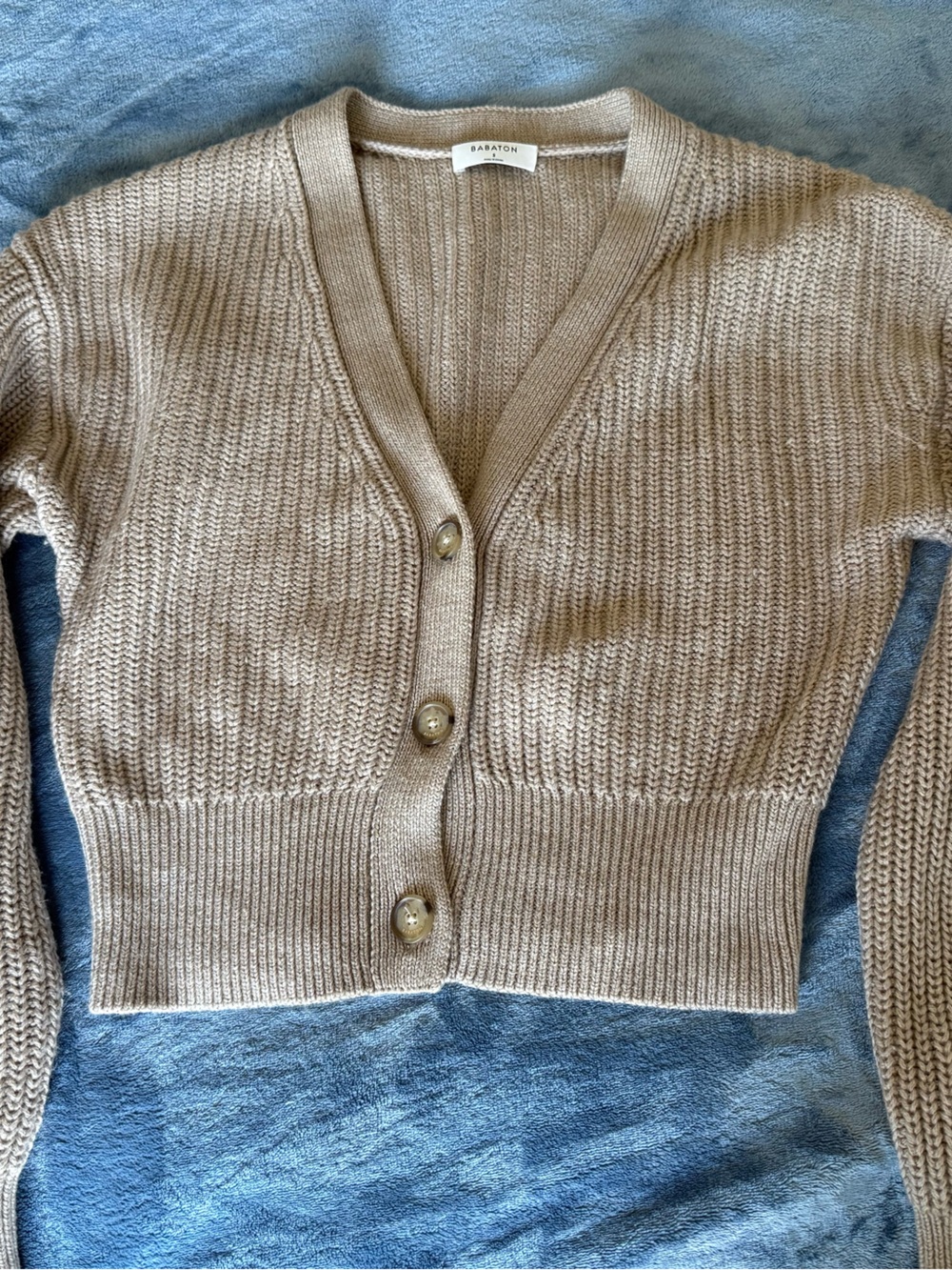 Babaton Beige Ribbed V-Neck Button Cardigan